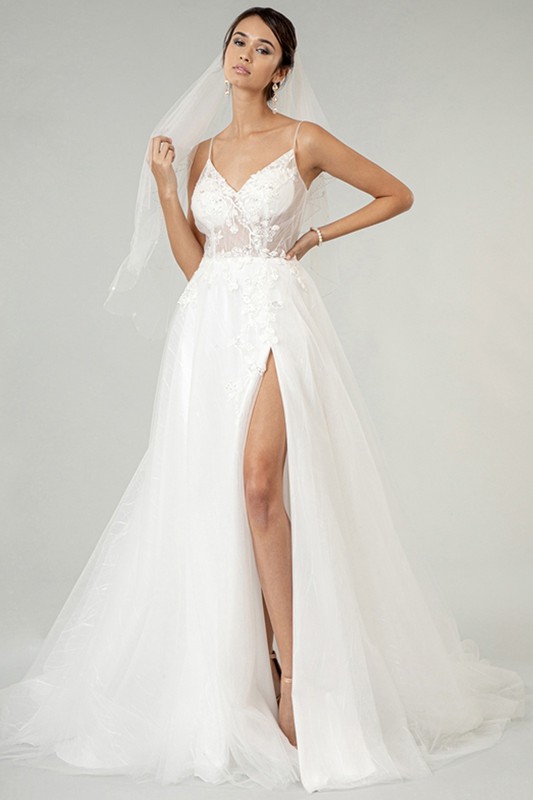 Embroidered Sheer Top V Neck Wedding Gown