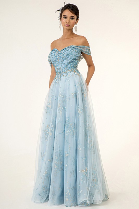 Sweetheart Off Shoulder A Line Glitter Print Gown