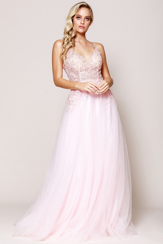 A Line V Neck Prom Gown with Lace and Jewel Detail