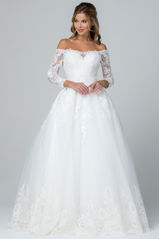 Bateau Neck Sleeved A Line Bridal Gown