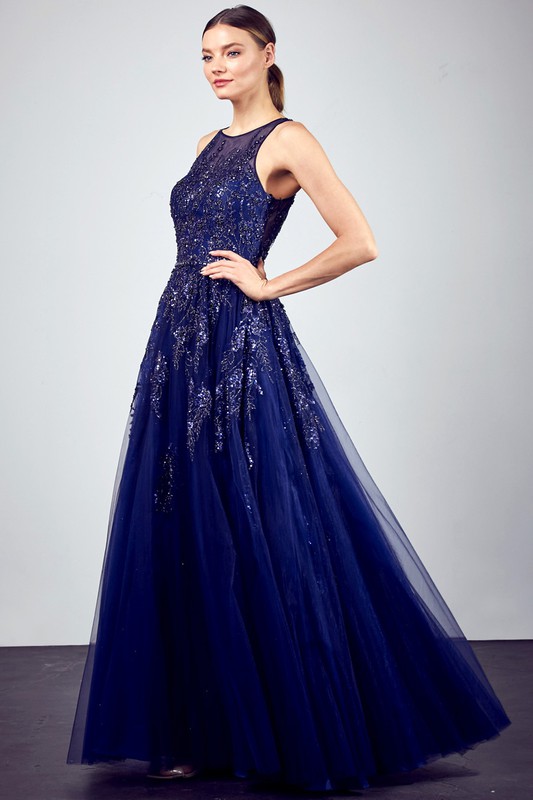 High Neck  A Line Glitter Embellished Gown