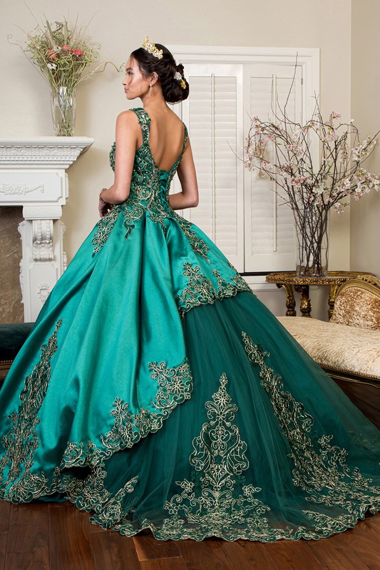Embroidered Mesh Strap Satin Ball Gown