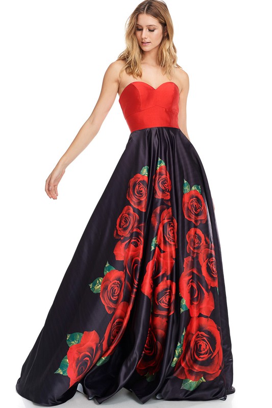Sweetheart, Strapless, A Line Rose Print Dress