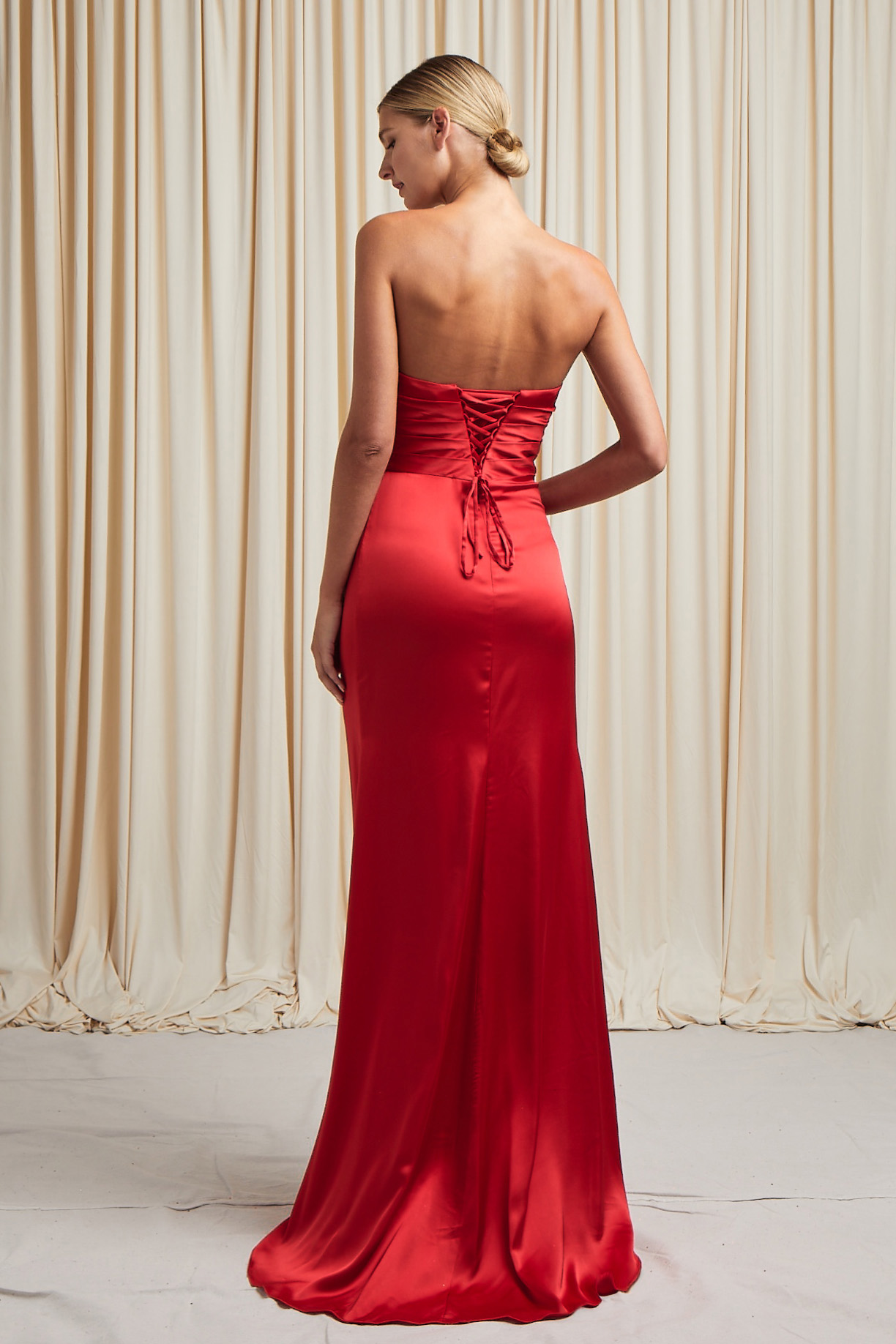 STRAPLESS, V-NECK, SHEATH, SLIT, LACE UP BACK