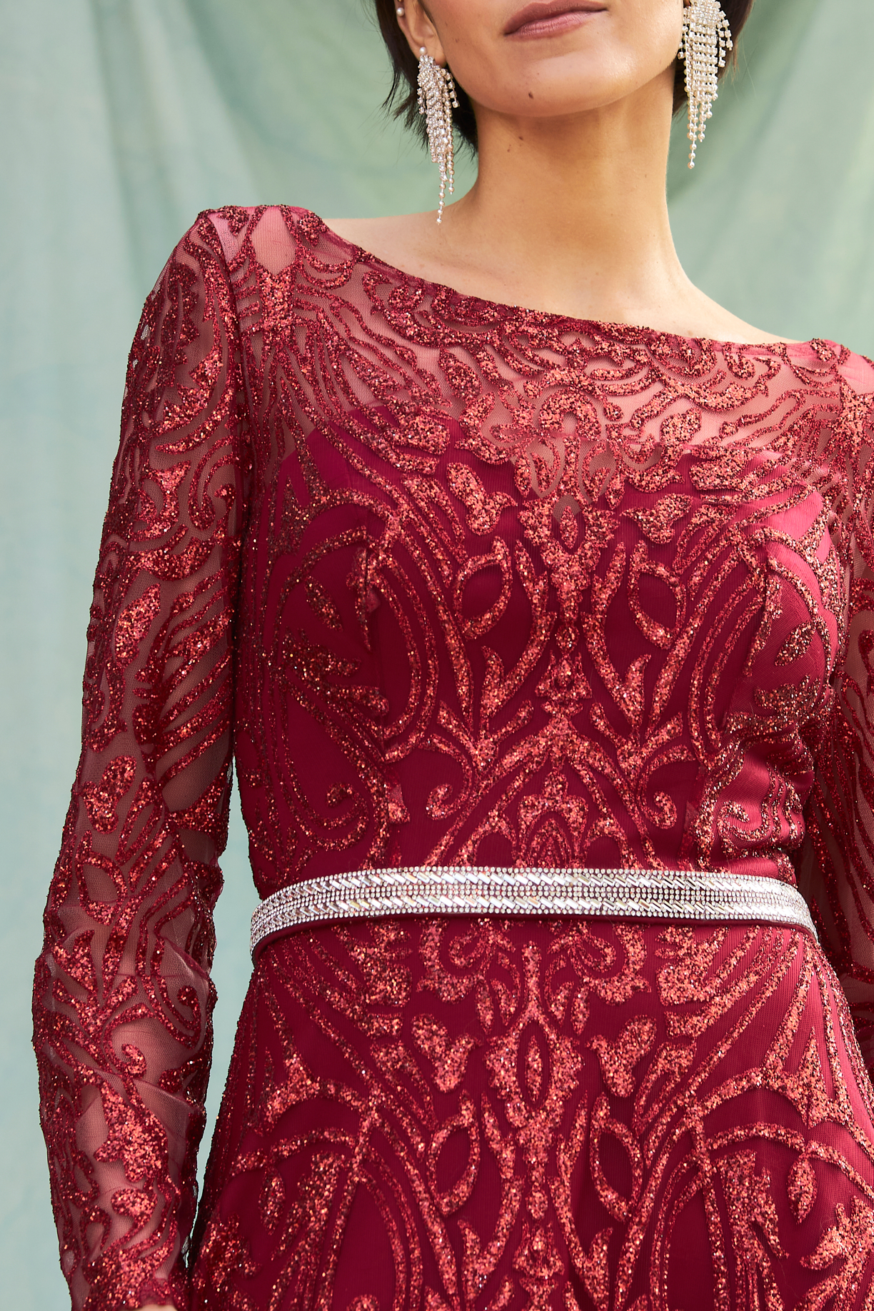 LONG SLEEVE, BATEAU, A-LINE, BEADED BELT