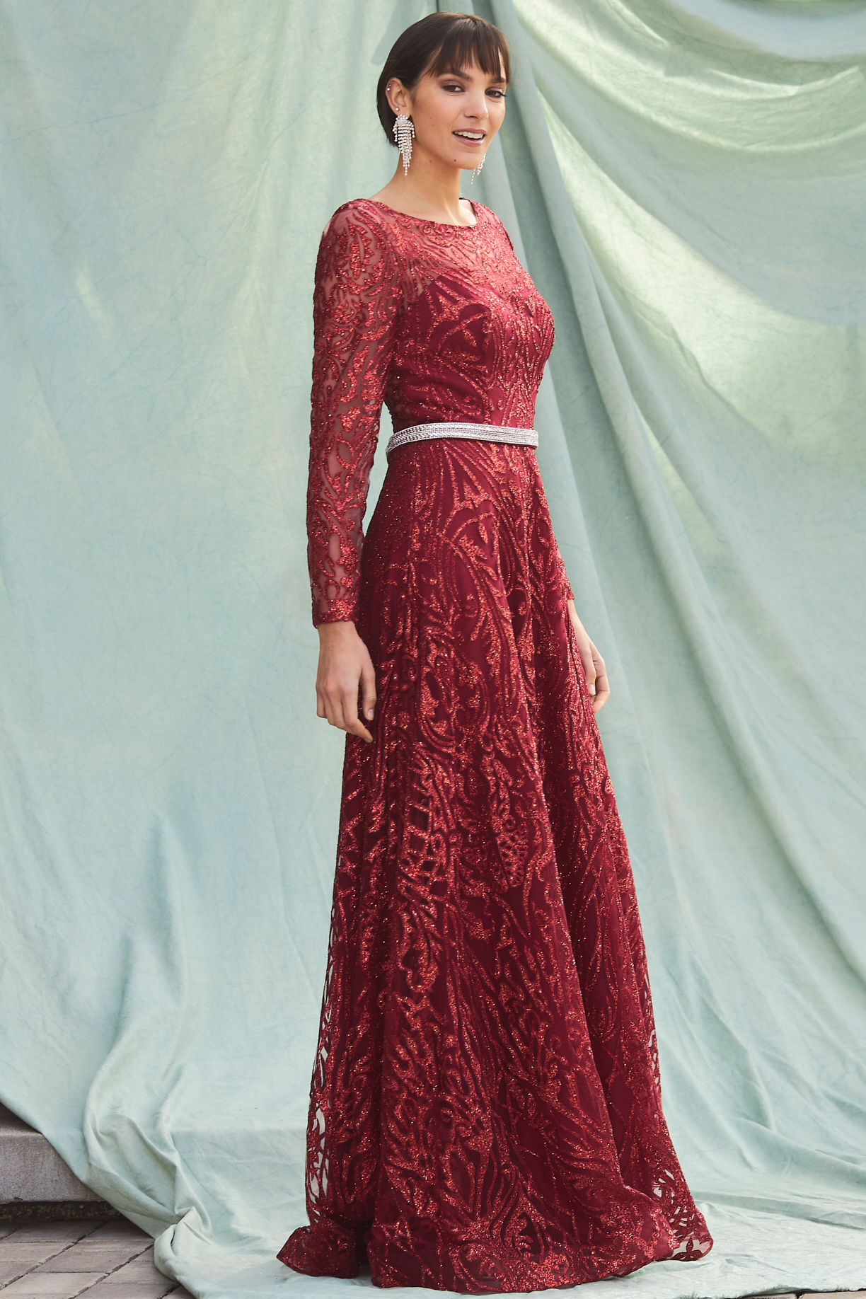 LONG SLEEVE, BATEAU, A-LINE, BEADED BELT