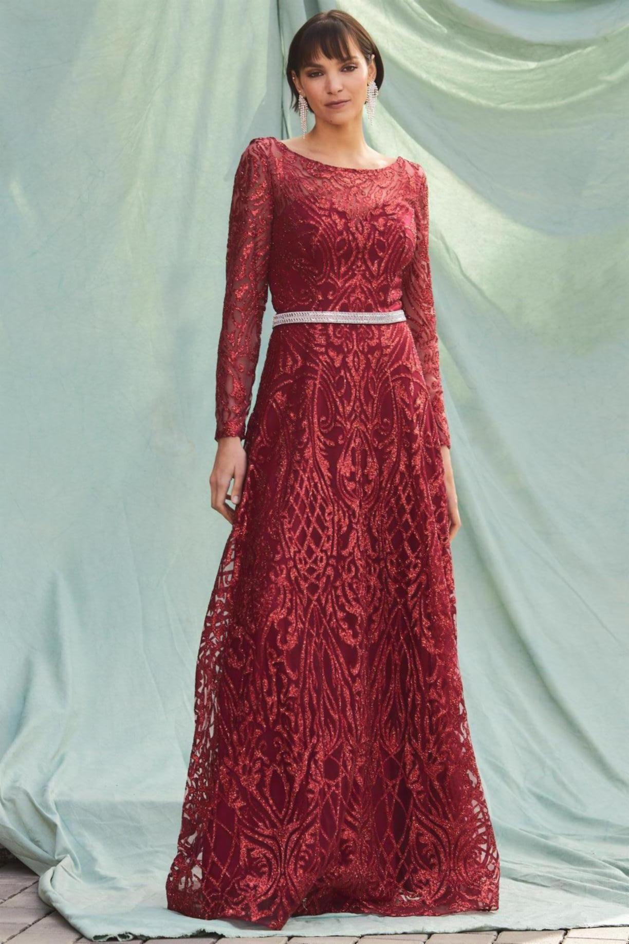 LONG SLEEVE, BATEAU, A-LINE, BEADED BELT