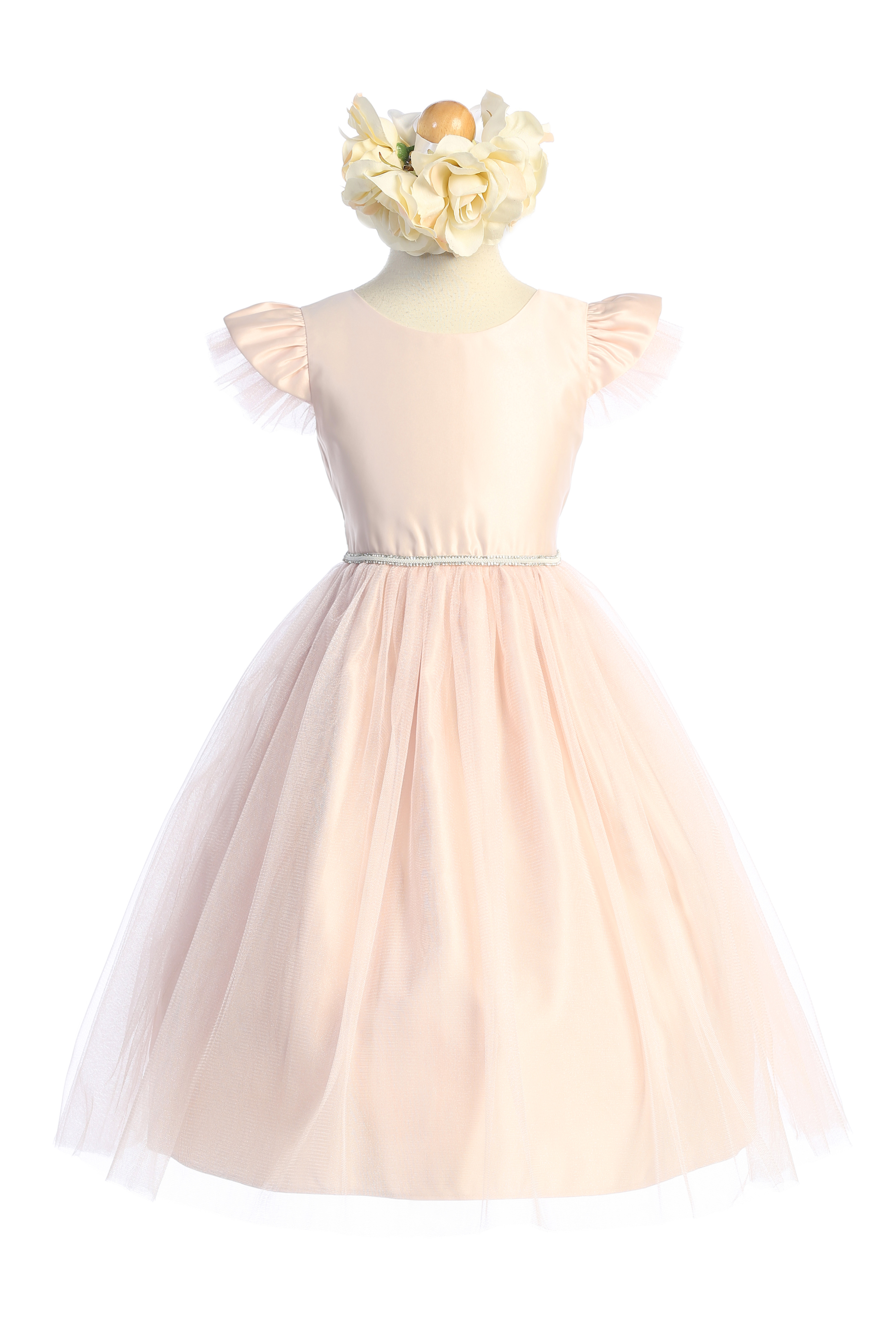 Satin Crystal Flutter Sleeve Girl Dress