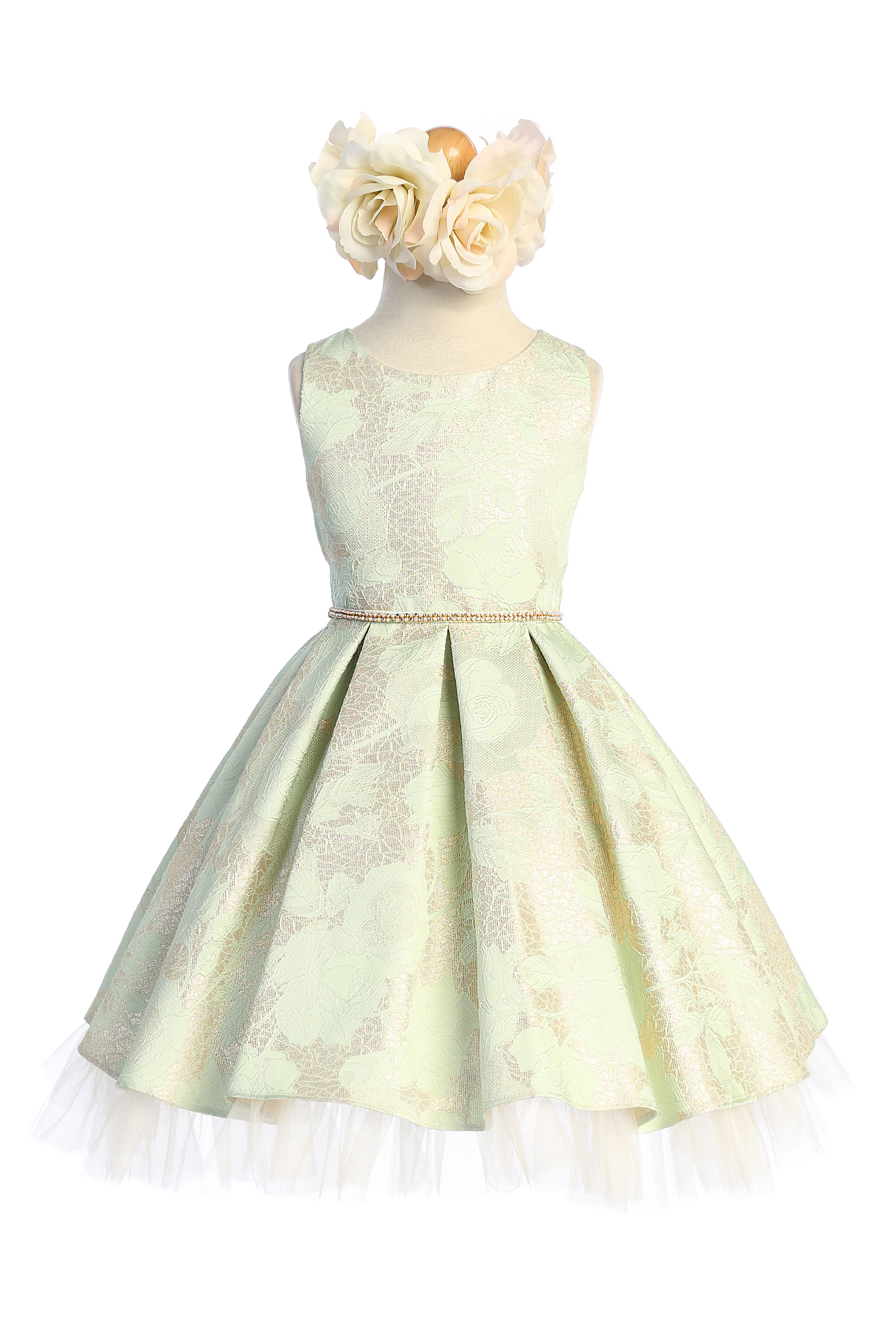 Gold Detail Floral Pleated Girl Dress