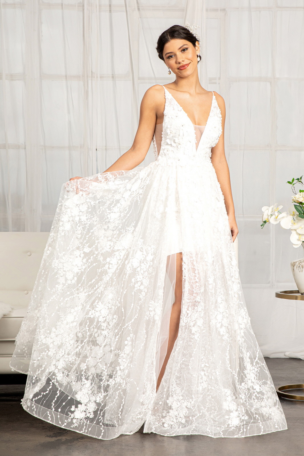 Floral 3D Applique V-Neck Wedding Dress