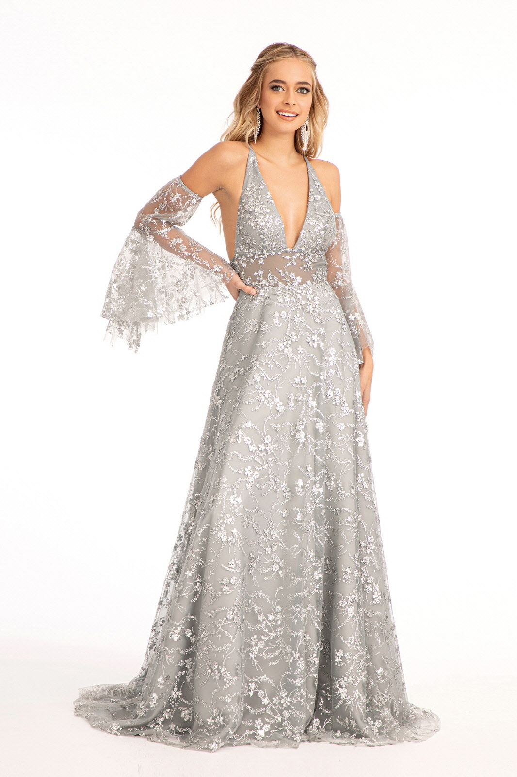 Sheer Waistline V-Neck Glitter Dress