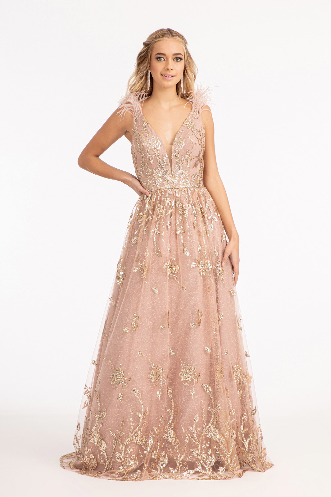 Feather-Shoulder Embellished Glitter Dress