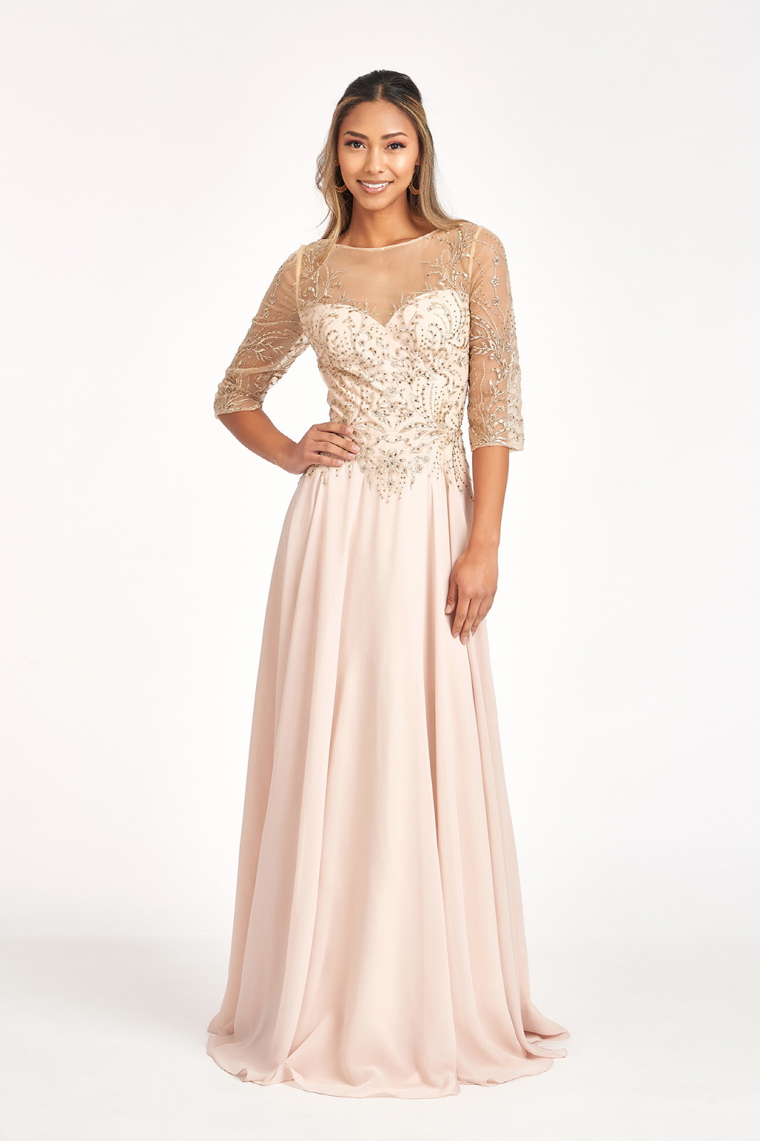 Beads Embellished Embroidered Chiffon A-line Dress w/ 3/4 Sleeves