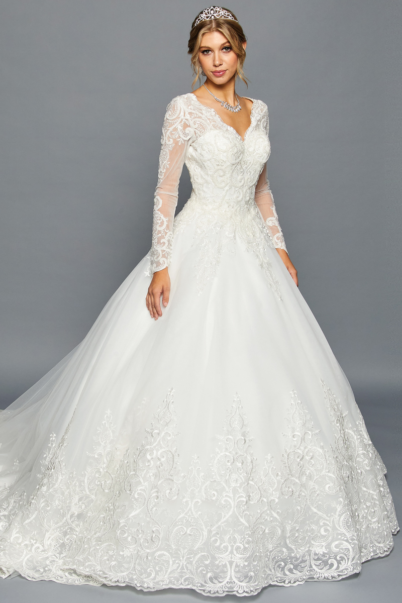 V Neck Long Sleeve A Line Wedding Gown