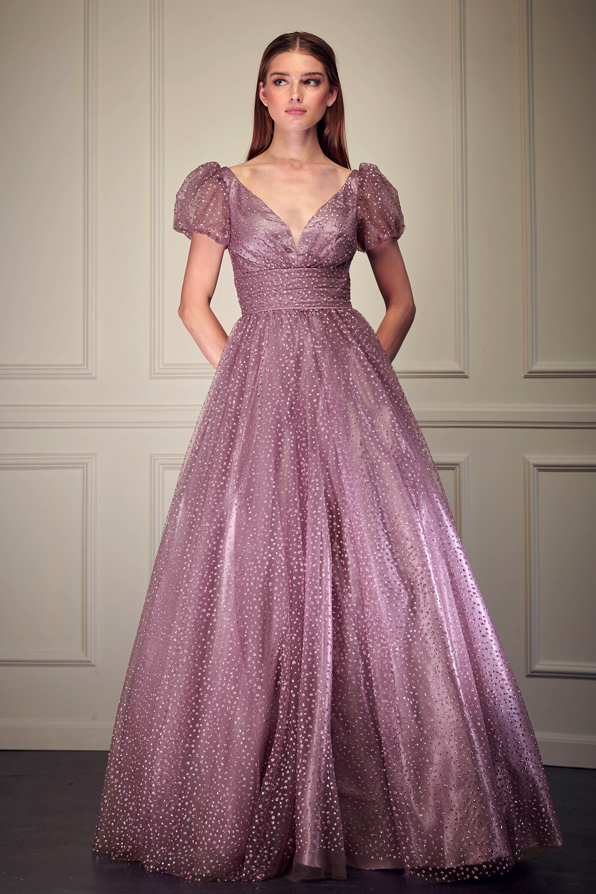 SHORT SLEEVE, V-NECK, BALLGOWN